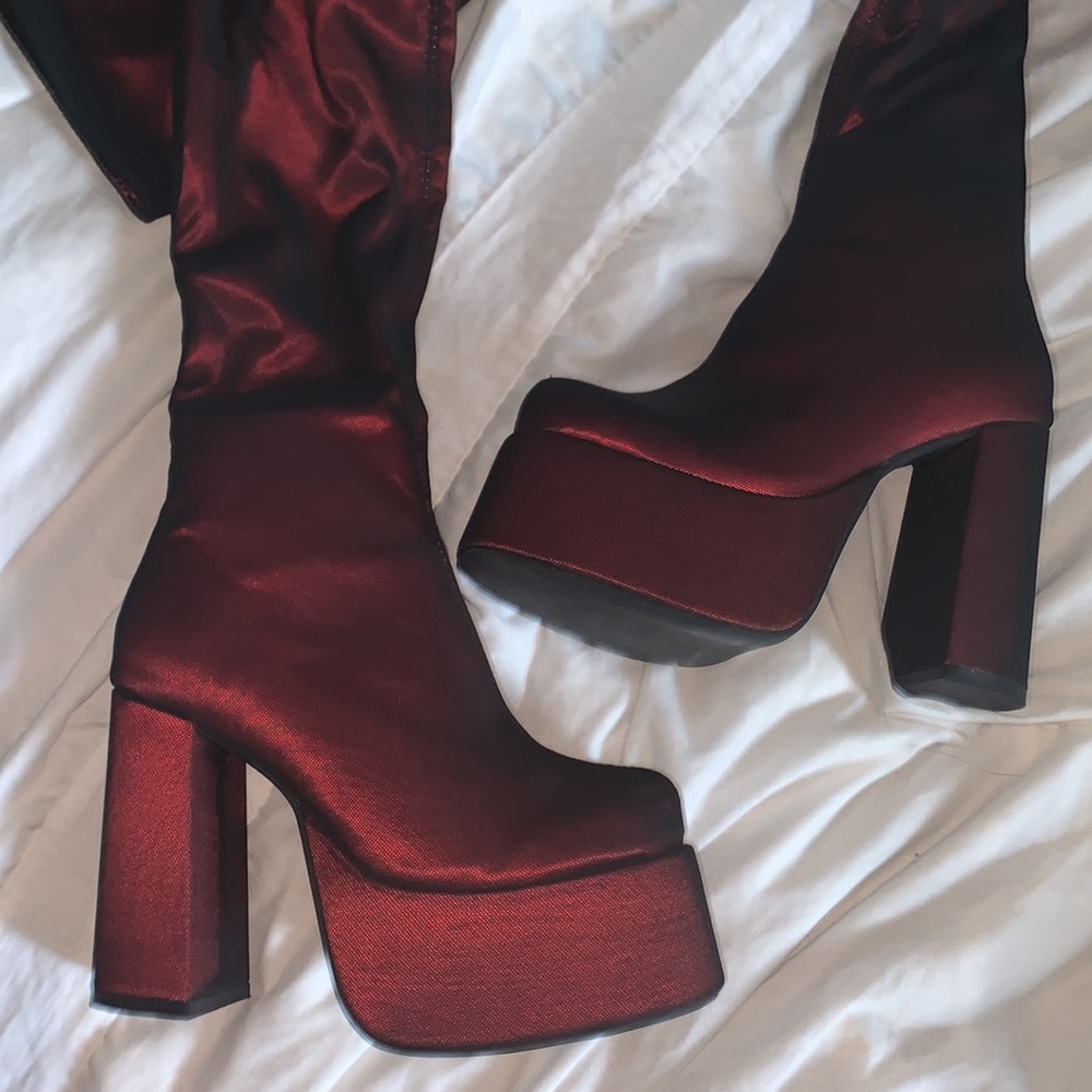 DollsKill Rare Know My Worth Platform Boots Current Mood Red Mesh Thigh High